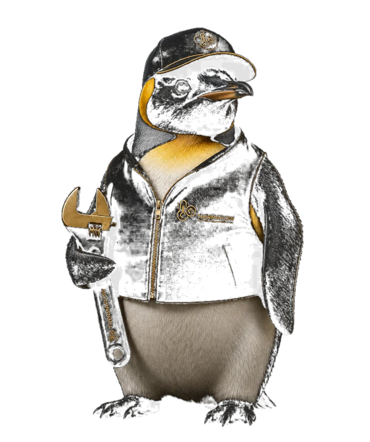 Mascote pinguim da THERMAFLOW com uniforme técnico preto